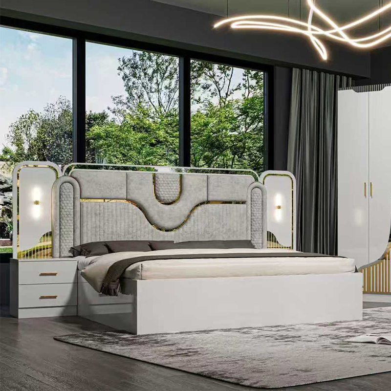 Conjunto de habitación de hotel contemporáneo de cama king size de Foshan, muebles de dormitorio de madera de lujo para casa moderna china de MDF