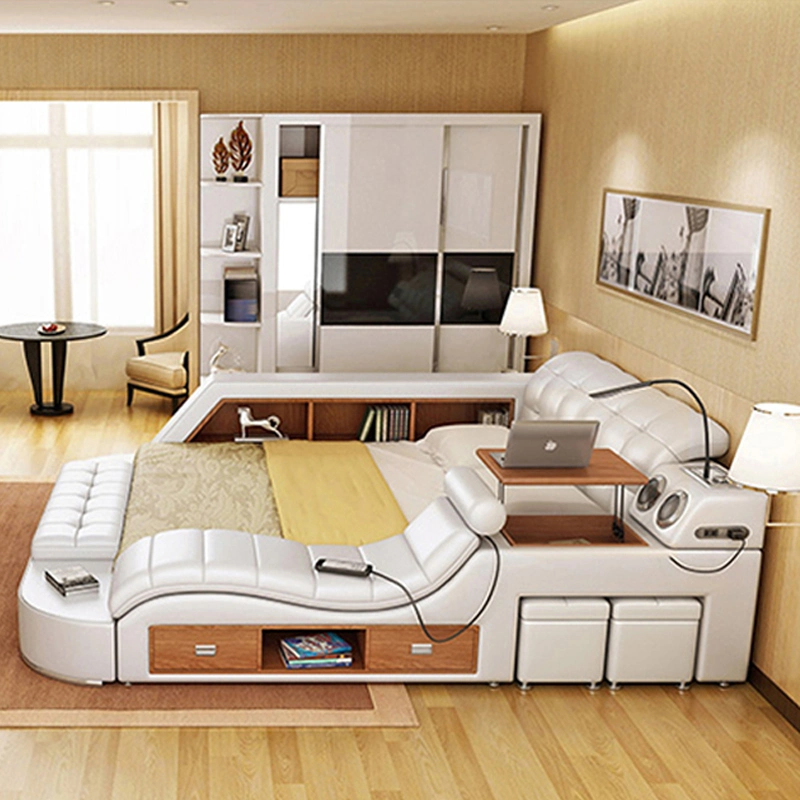Muebles de dormitorio de lujo multifuncionales al por mayor de China, cama moderna inteligente tamaño king con almacenamiento, cama queen de cuero con masaje