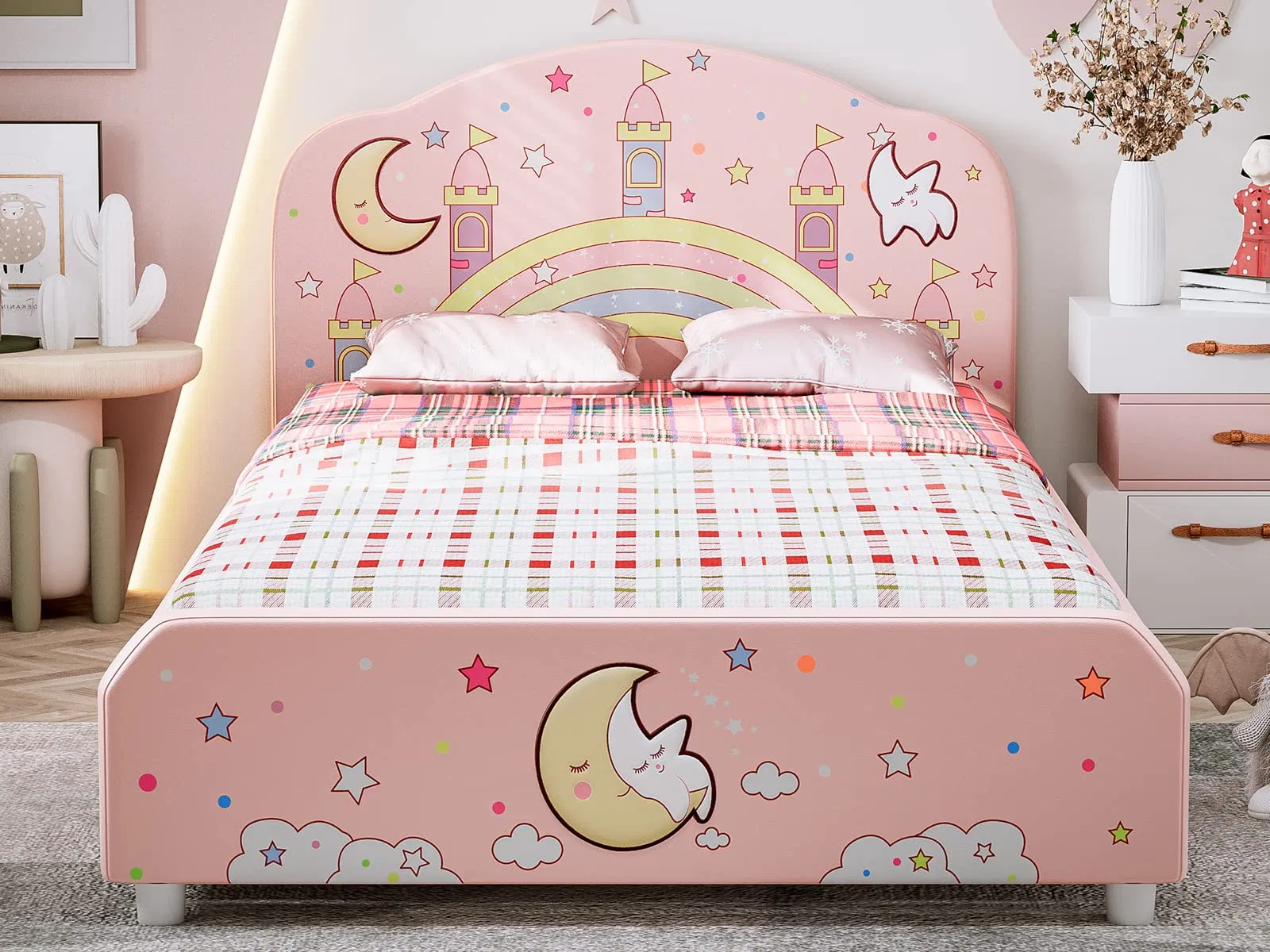Cama tapizada para niñas, cama plataforma twin para niños