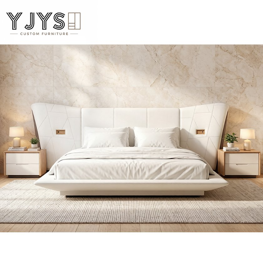 Cama de plataforma de cuero acolchado en forma de ala con mesitas de noche integradas, muebles de lujo para interiores