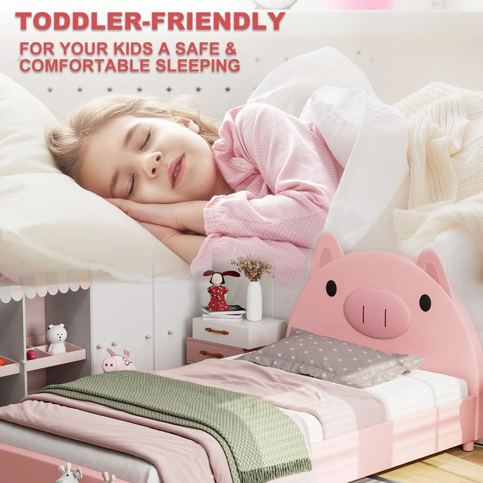 Cama tapizada para niños con forma de cerdo, cama plataforma twin para niños