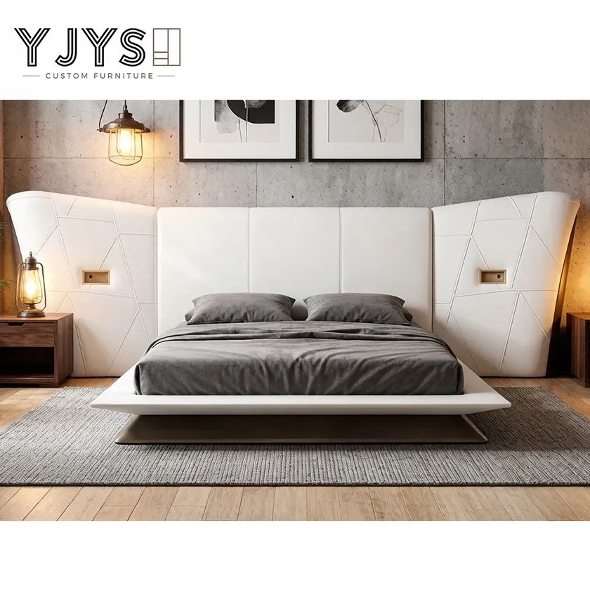 Cama de plataforma de cuero acolchado en forma de ala con mesitas de noche integradas, muebles de lujo para interiores
