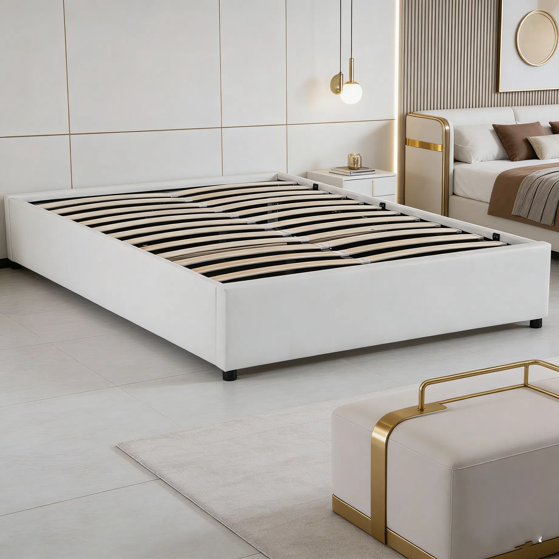 Cama Tapizada con Almacenamiento y Elevación Hidráulica para el Hogar