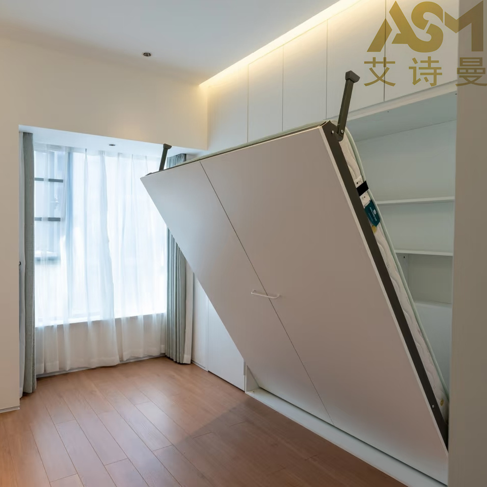 Cama Murphy de lujo de madera moderna plegable para mayoristas, cama doble tapizada de acero, muebles de dormitorio, cama de cuero tamaño king