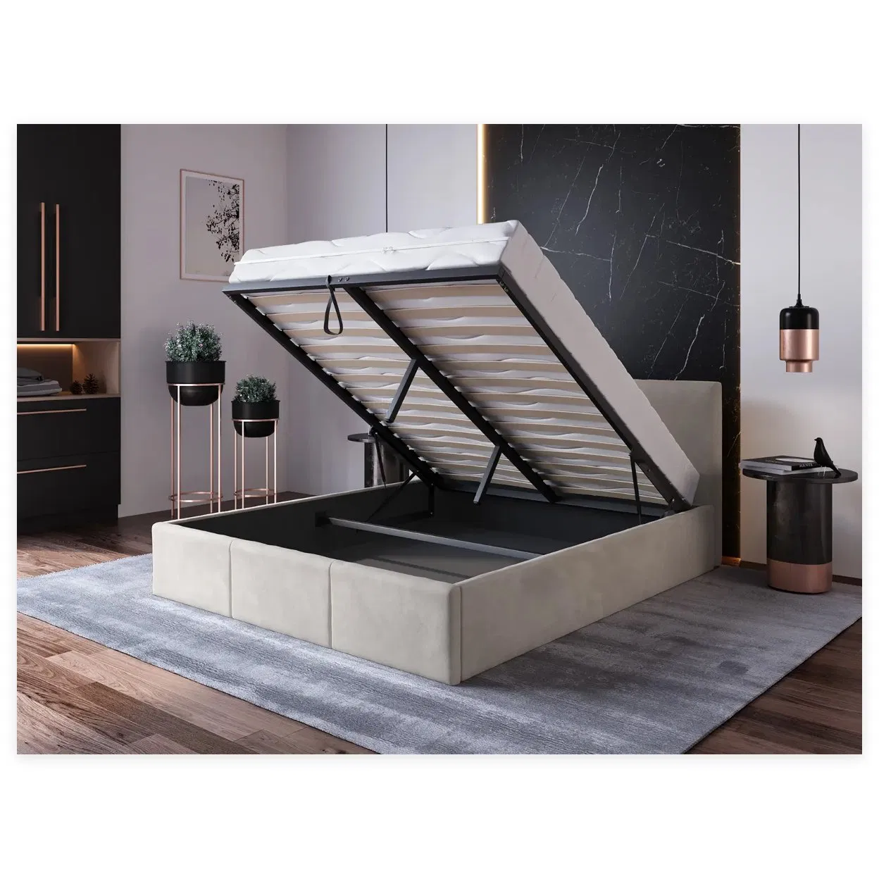 Conjunto de cama de dormitorio con marco de cama doble de tela de terciopelo de estilo europeo moderno con cabecero de madera, cama de almacenamiento a la venta, proveedor de fábrica