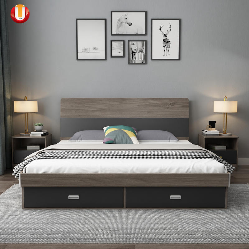 Habitación completamente amueblada, cama estándar blanca, plataforma doble elegante, cama funcional de cuero, marco de cama de belleza