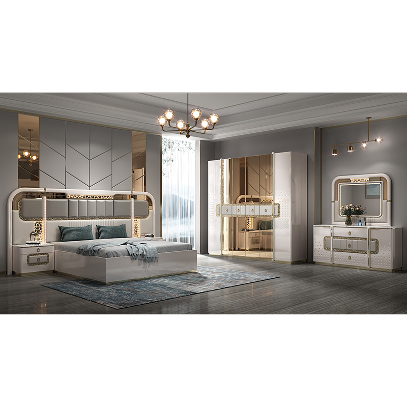 Conjunto de cama doble de madera completa de lujo moderno para el hogar, juego de muebles para dormitorio principal con marco de madera, tamaño completo y rey, con almacenamiento