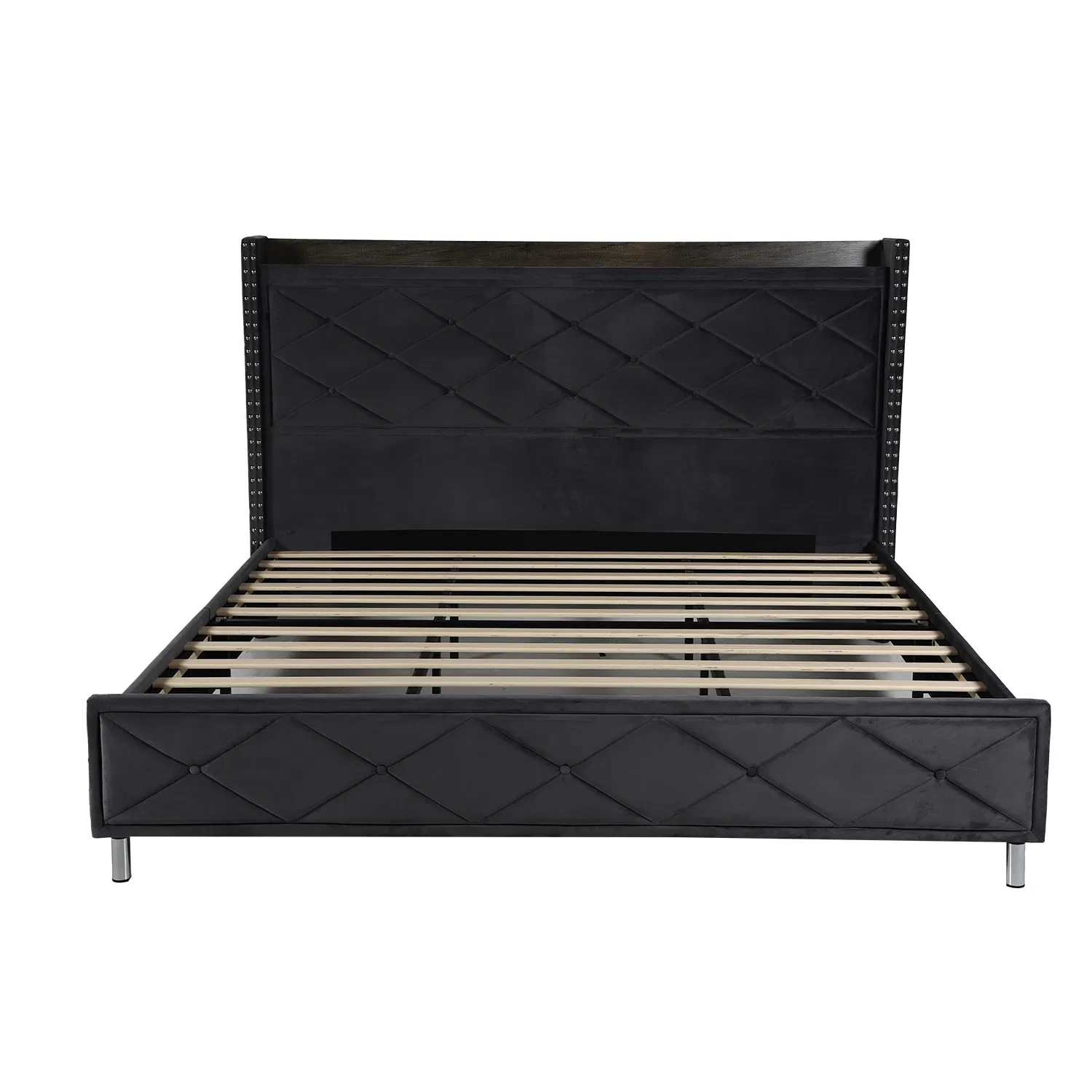 Cama plataforma tapizada tamaño queen con cabecera y pie de cama, soporte de listones de madera / No se necesita base de colchón, fácil de ensamblar, terciopelo negro tinta