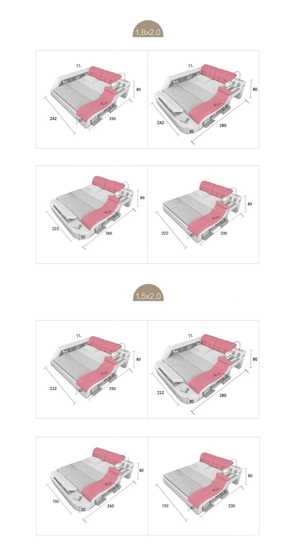 Muebles de dormitorio de lujo multifuncionales al por mayor de China, cama moderna inteligente tamaño king con almacenamiento, cama queen de cuero con masaje