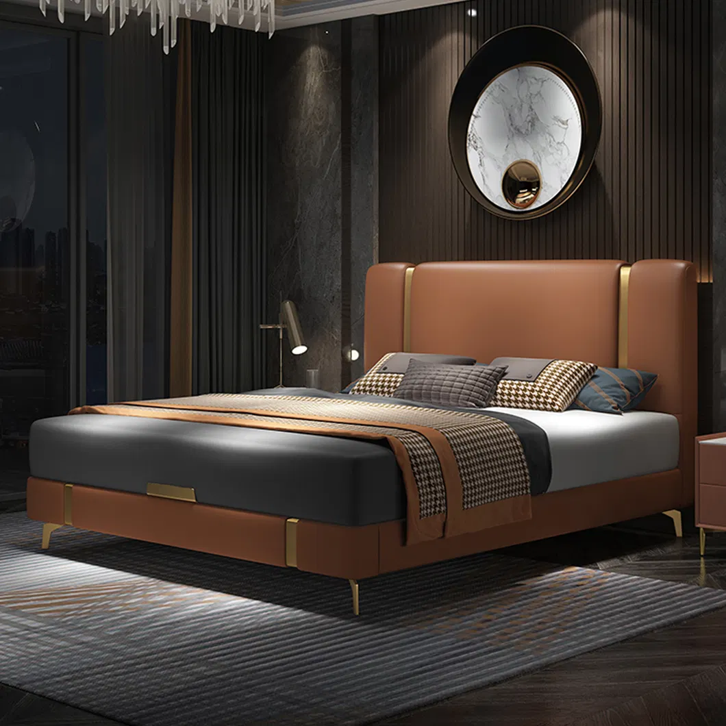 Marco de cama de cuero moderno y elegante con diseño de plataforma estilizado