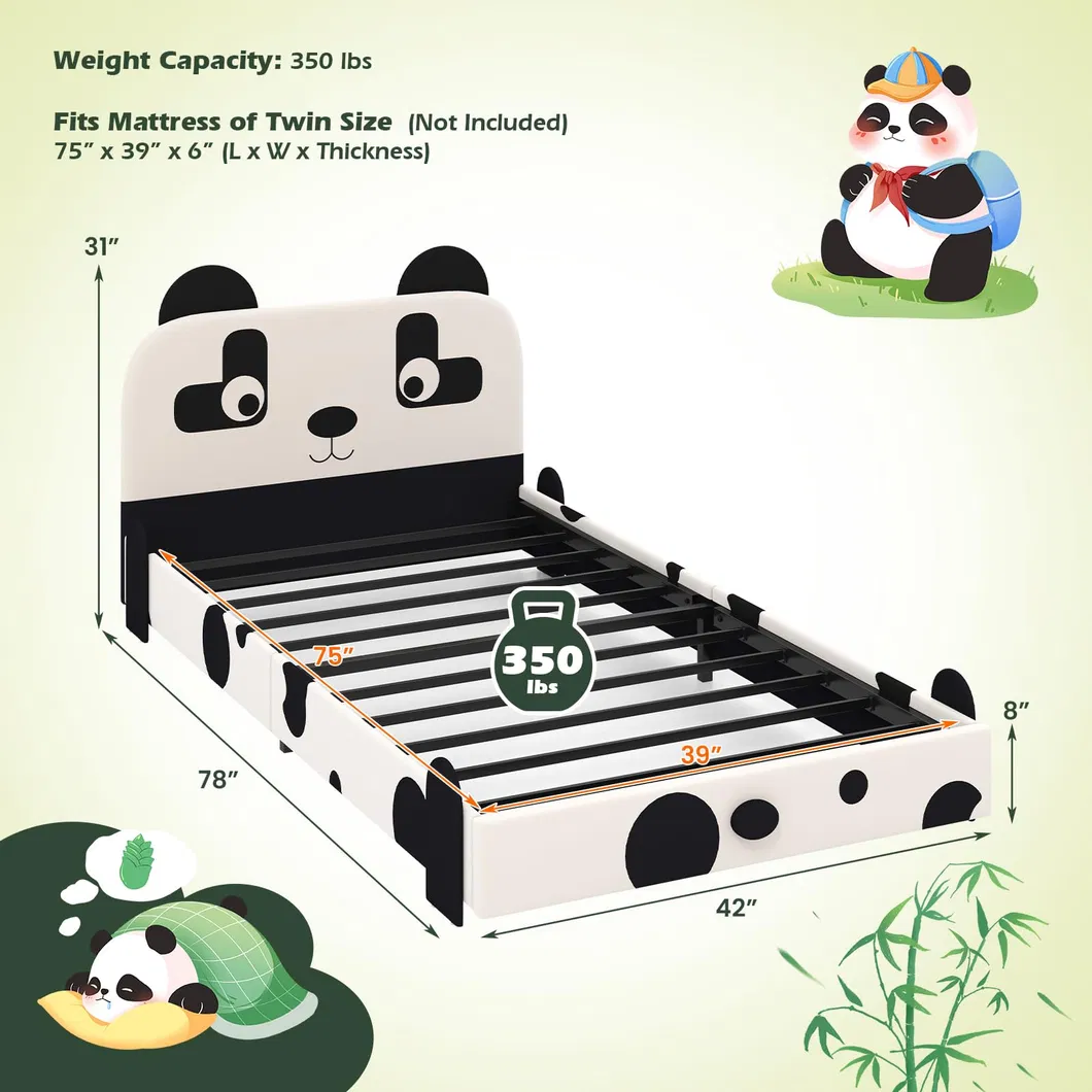 Camas gemelas de princesa para niños, cama de plataforma de metal tapizada con soporte de listones