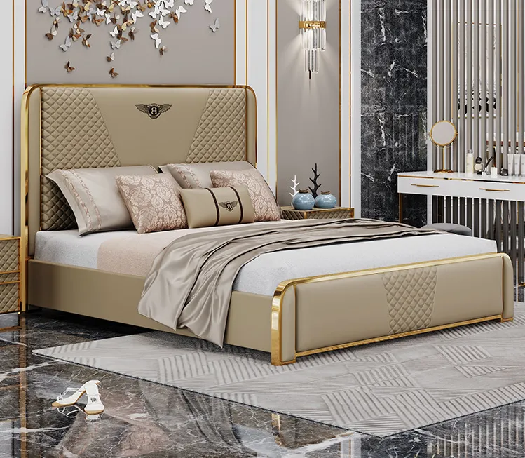 Muebles de dormitorio de lujo cama italiana moderna tapizada en cuero con almacenamiento cama king size de cuero blanco