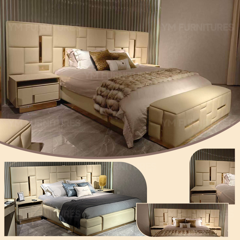 Conjuntos de Muebles de Dormitorio de Hotel Resort Cama Doble con Cabecero de Cuero Ampliado y Plataforma Cómoda