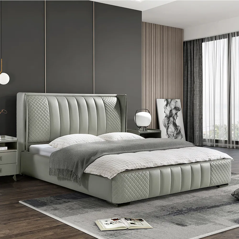 Diseño italiano moderno de almacenamiento cama abatible de cuero gris tamaño king para muebles de dormitorio
