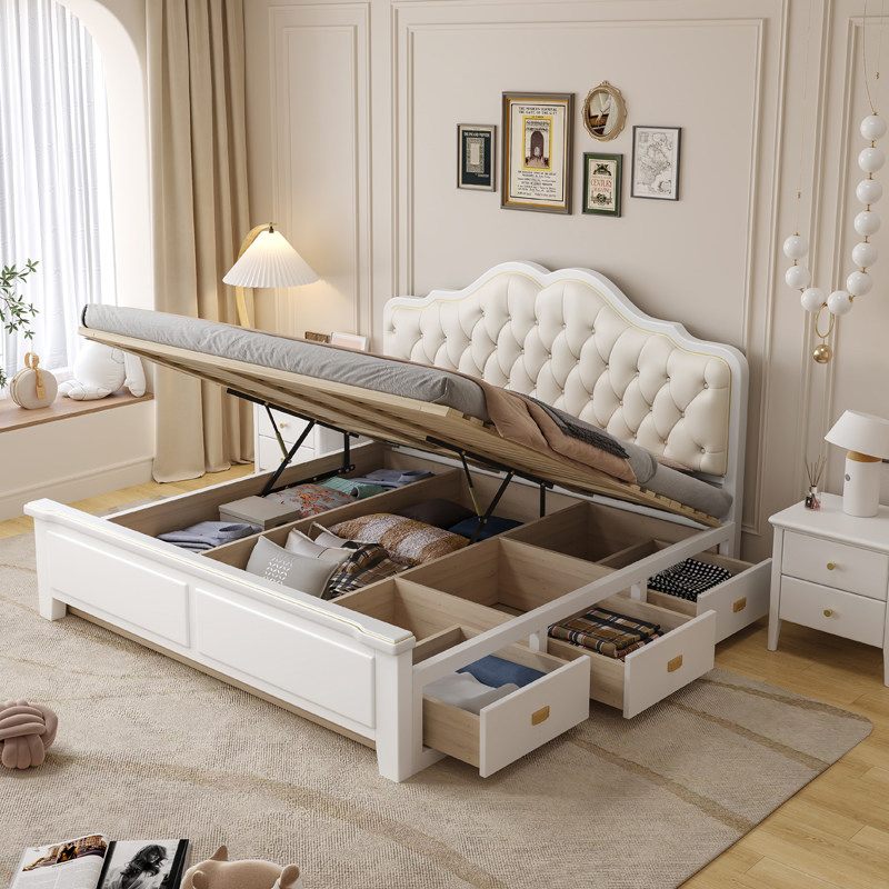 Muebles de hogar de madera maciza con diseño minimalista, lujosa estructura de cama de madera con cabecera tapizada cómoda