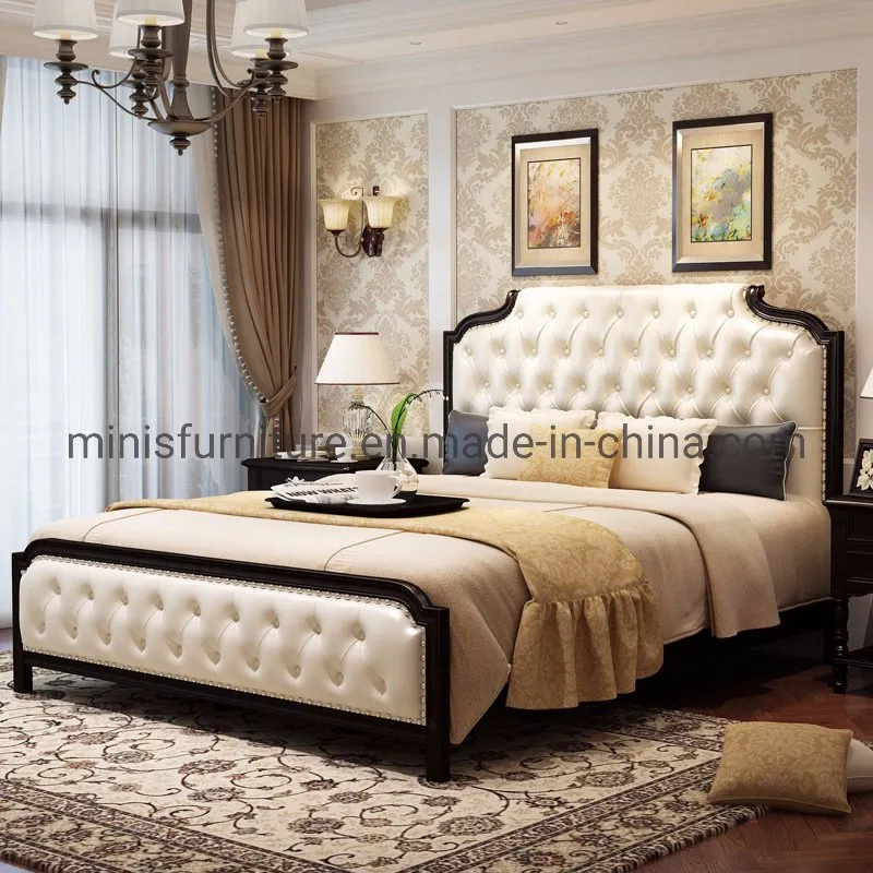Cama de tamaño rey o reina de madera marrón vintage cómoda con cuero puro azul para adultos