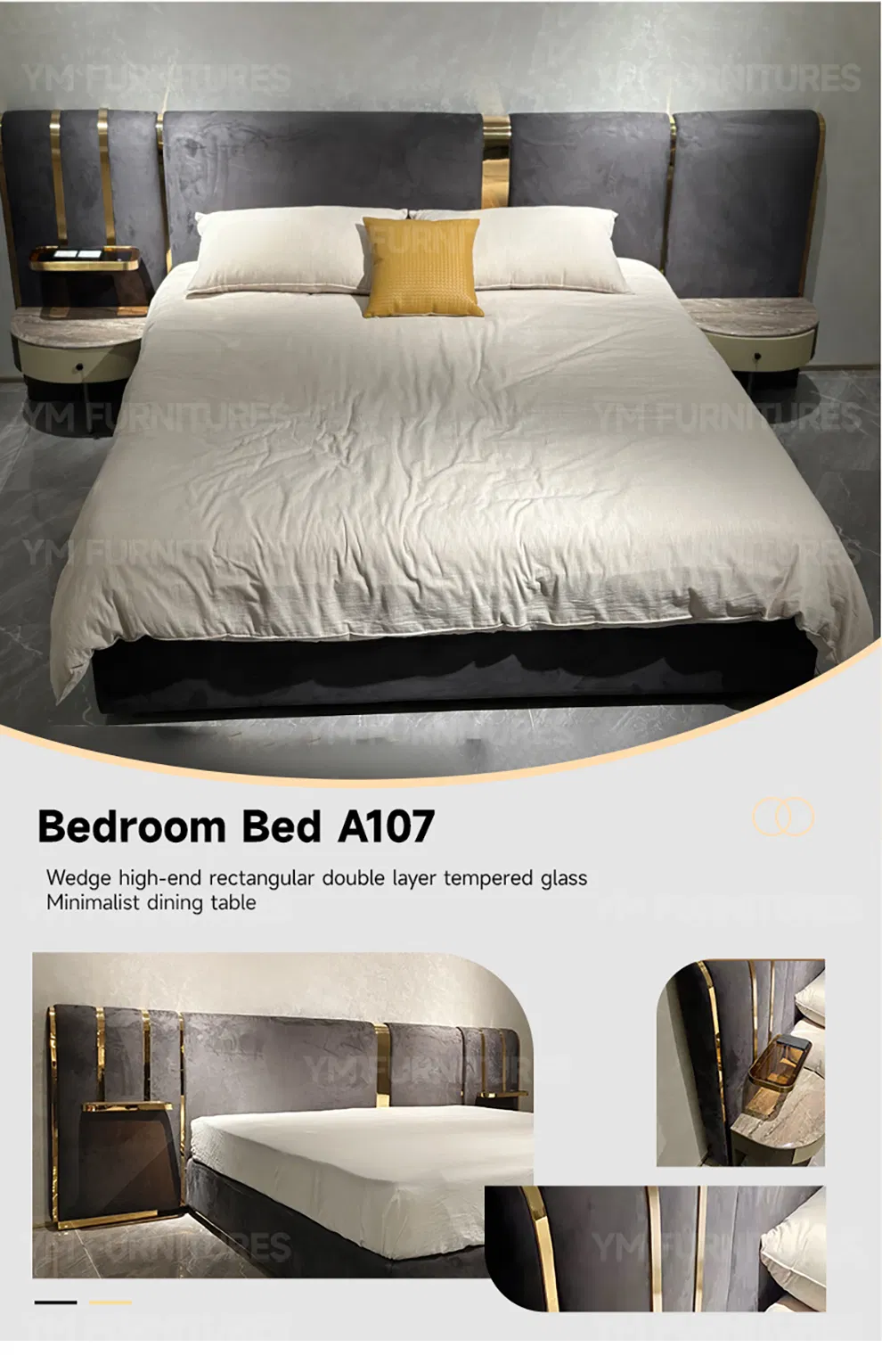Diseño de Ingeniería de Resort Hotelero Muebles de Dormitorio de Lujo Estrella Cama Doble de Cuero Tapizado Tamaño King