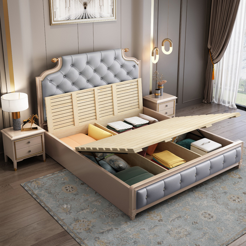Casa de lujo moderna, dormitorio de hotel, cama doble de tamaño king, tapizada en tela, cuero genuino, con almacenamiento de madera