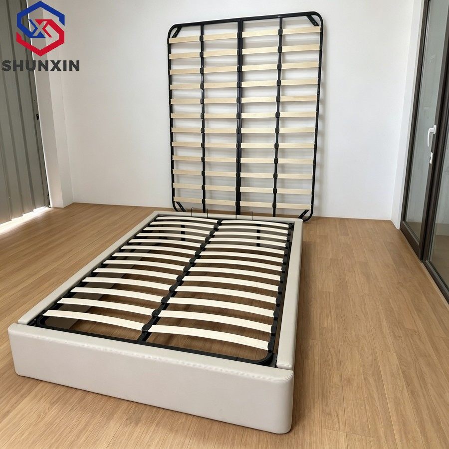 Cama doble de tamaño king con marco de gas elevador tapizado en cuero completo y almacenamiento