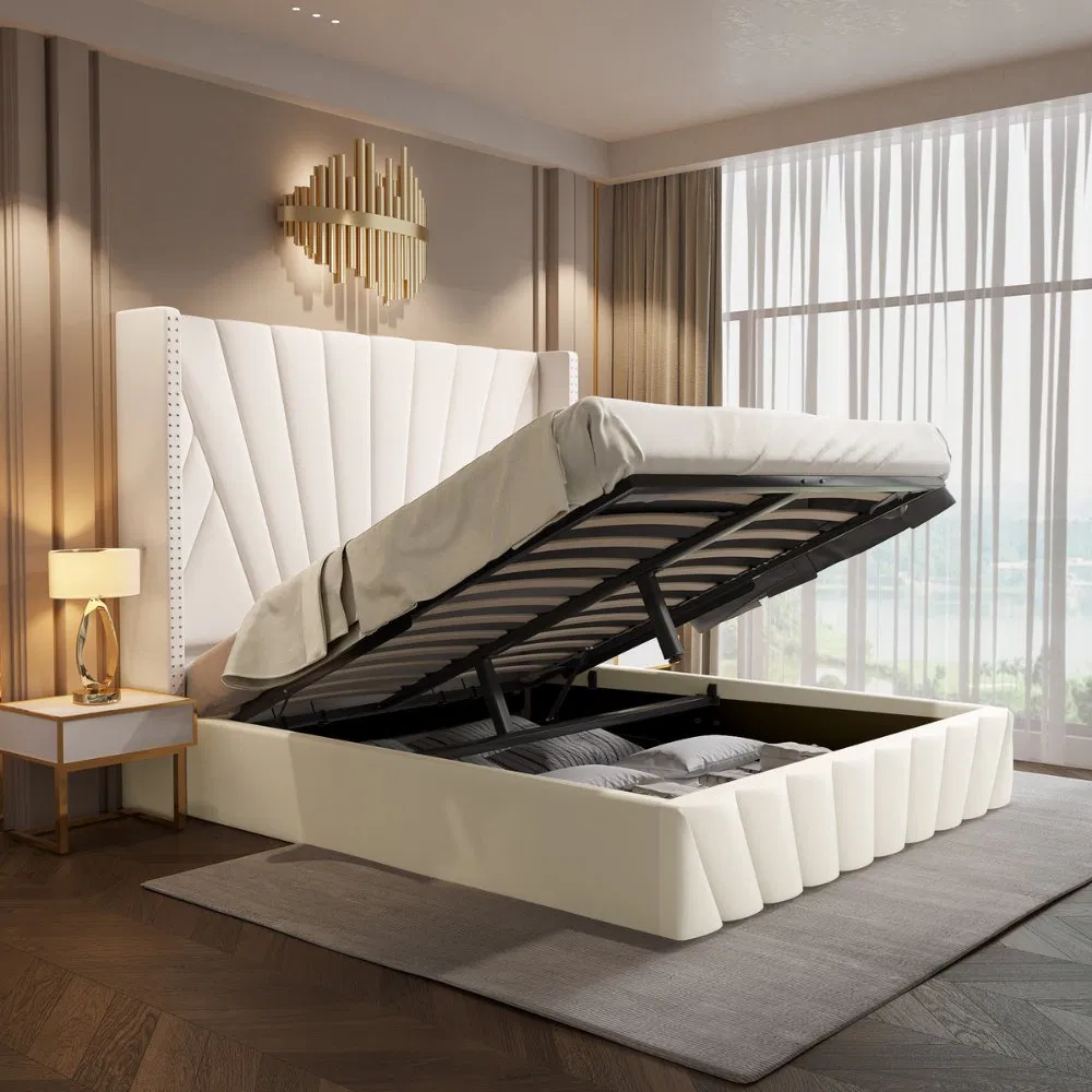 Cama multifuncional para dormitorio, cama de plataforma de tela de PU, cama con almacenamiento y caja contenedora