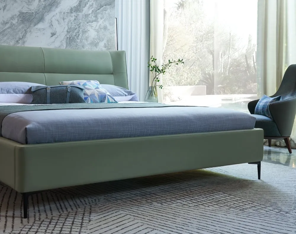 Conjuntos de dormitorio de cuero verde de tamaño king multifuncional con patas de metal de acero, cama doble