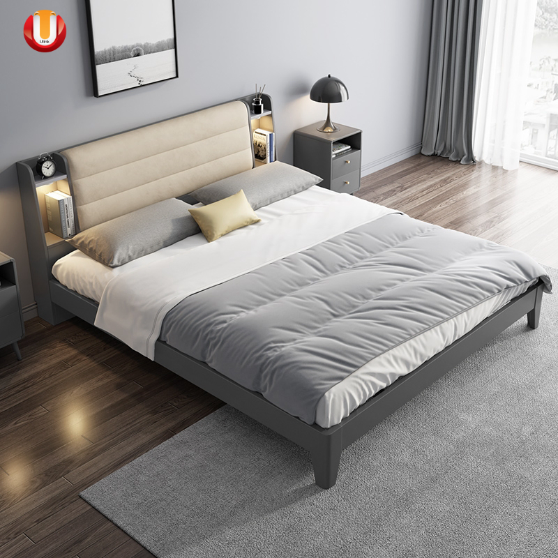 Conjunto de muebles de dormitorio de madera cama plataforma de cuero tapizada tamaño rey reina