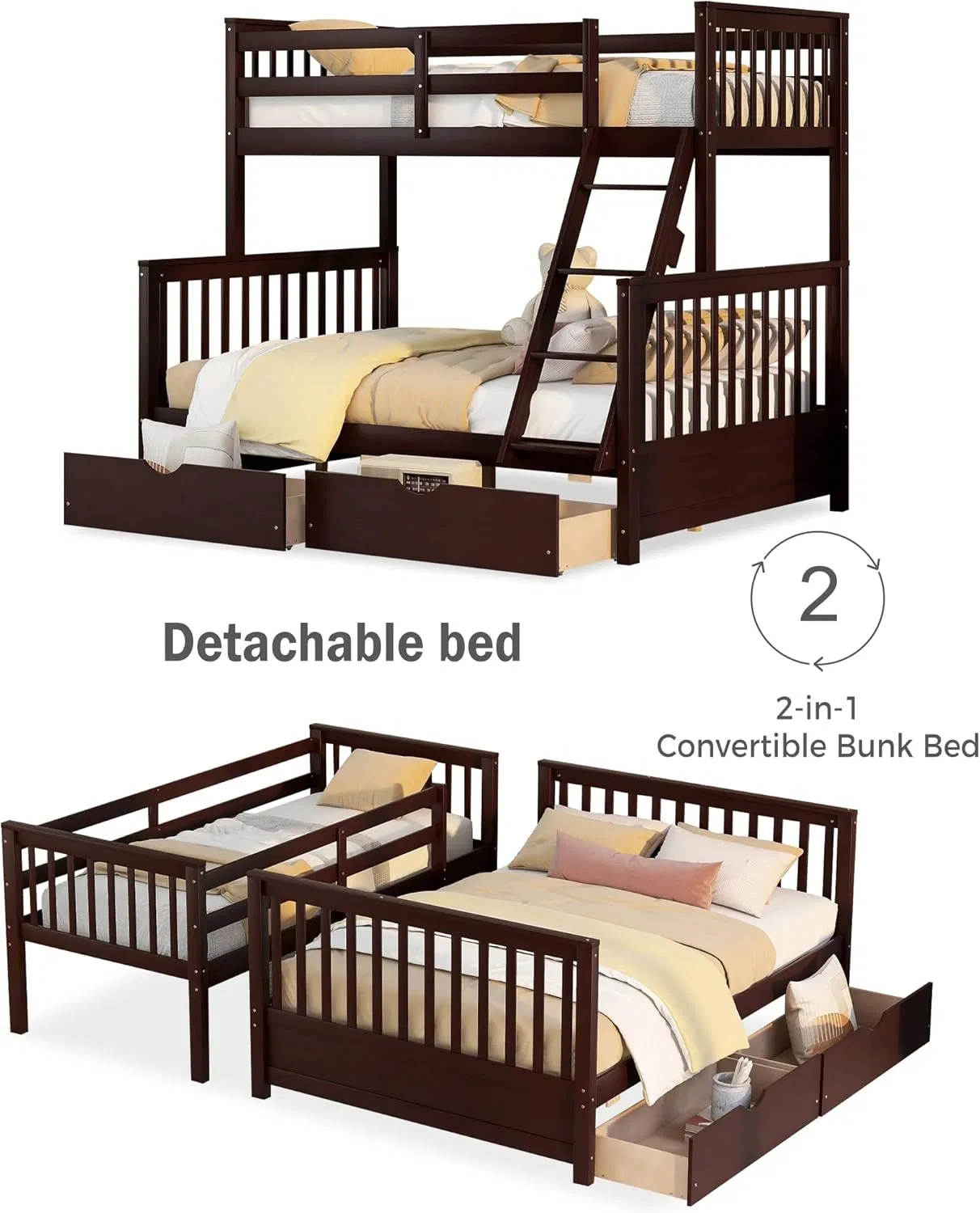Cama litera mayor con cama individual sobre cama matrimonial con 2 cajones de madera maciza estándar para niños, adultos y estudiantes universitarios