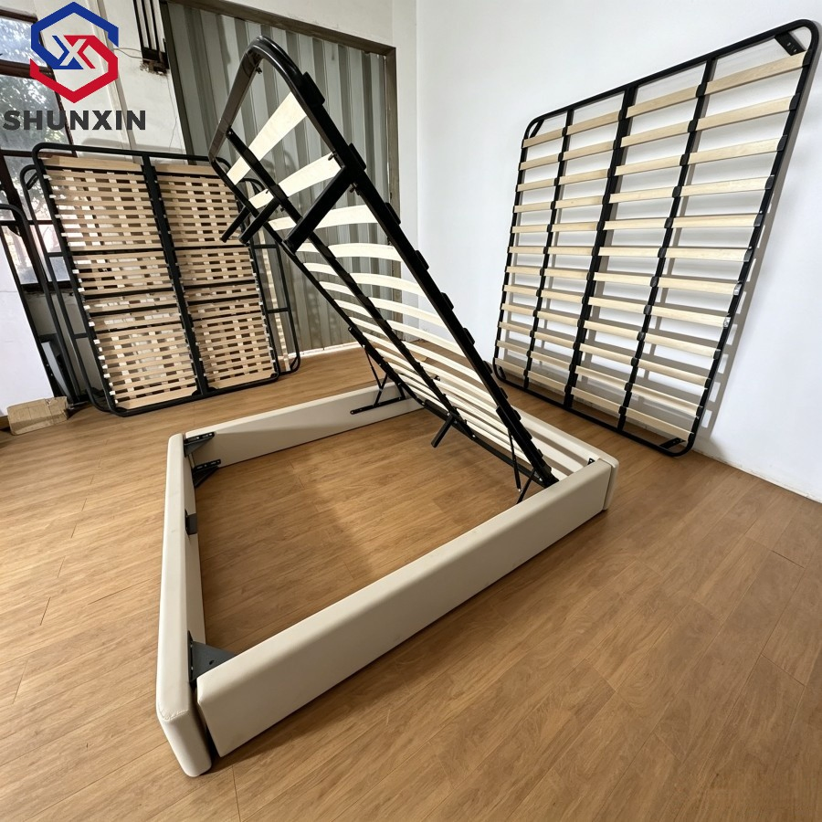 Cama doble de tamaño king con marco de gas elevador tapizado en cuero completo y almacenamiento