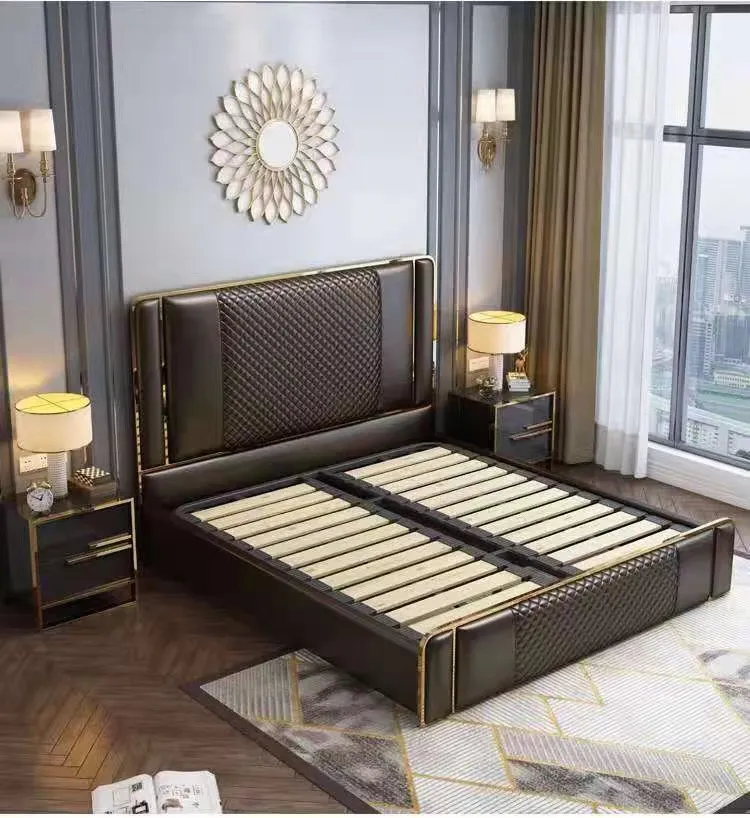 Muebles de dormitorio de lujo cama italiana moderna tapizada en cuero con almacenamiento cama king size de cuero blanco