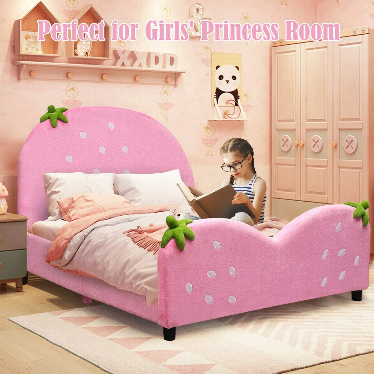 Camas gemelas de princesa para niños, cama de plataforma de metal tapizada con soporte de listones