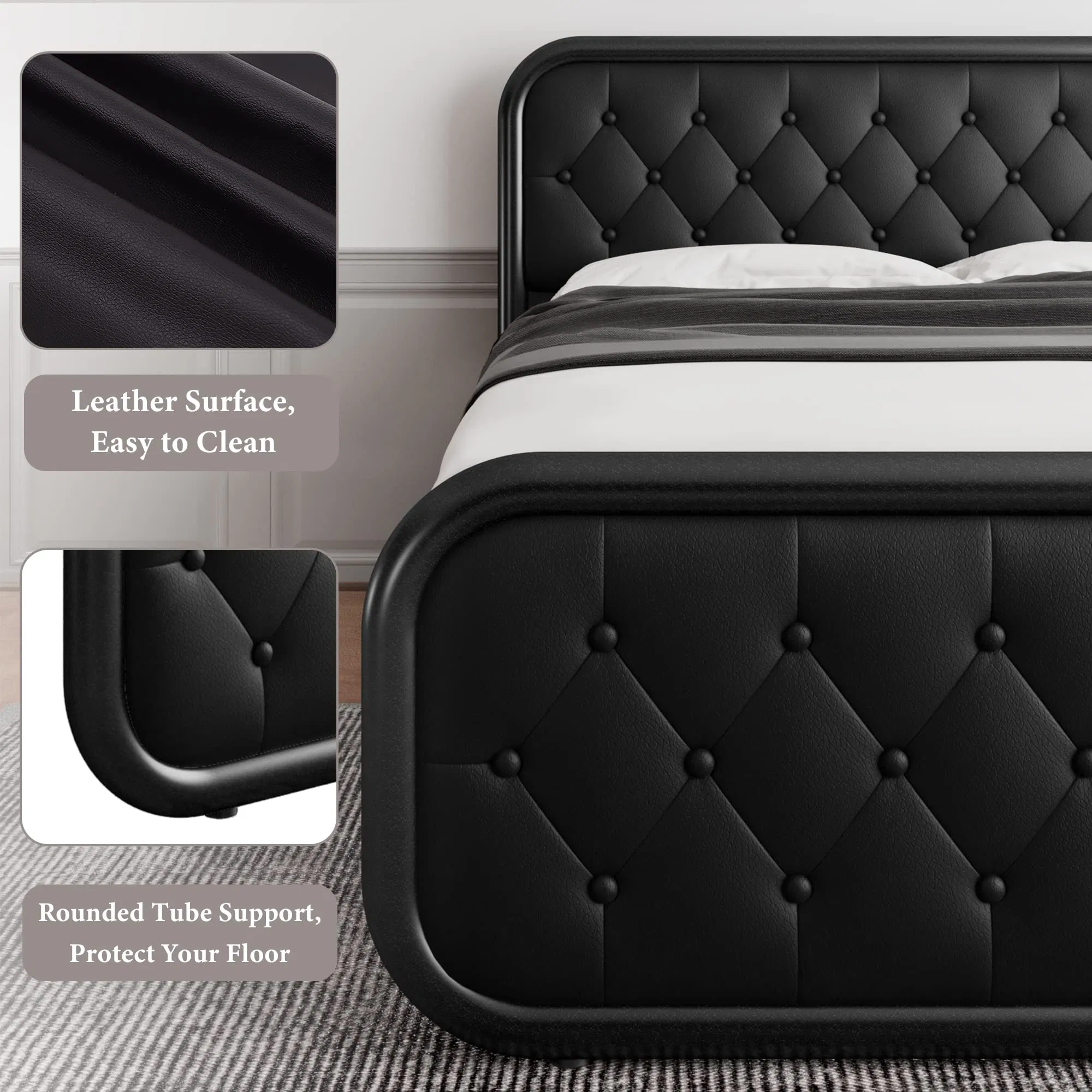 Estructura de cama de metal tamaño king con cabecera de cuero, estructura de cama de plataforma de alta resistencia