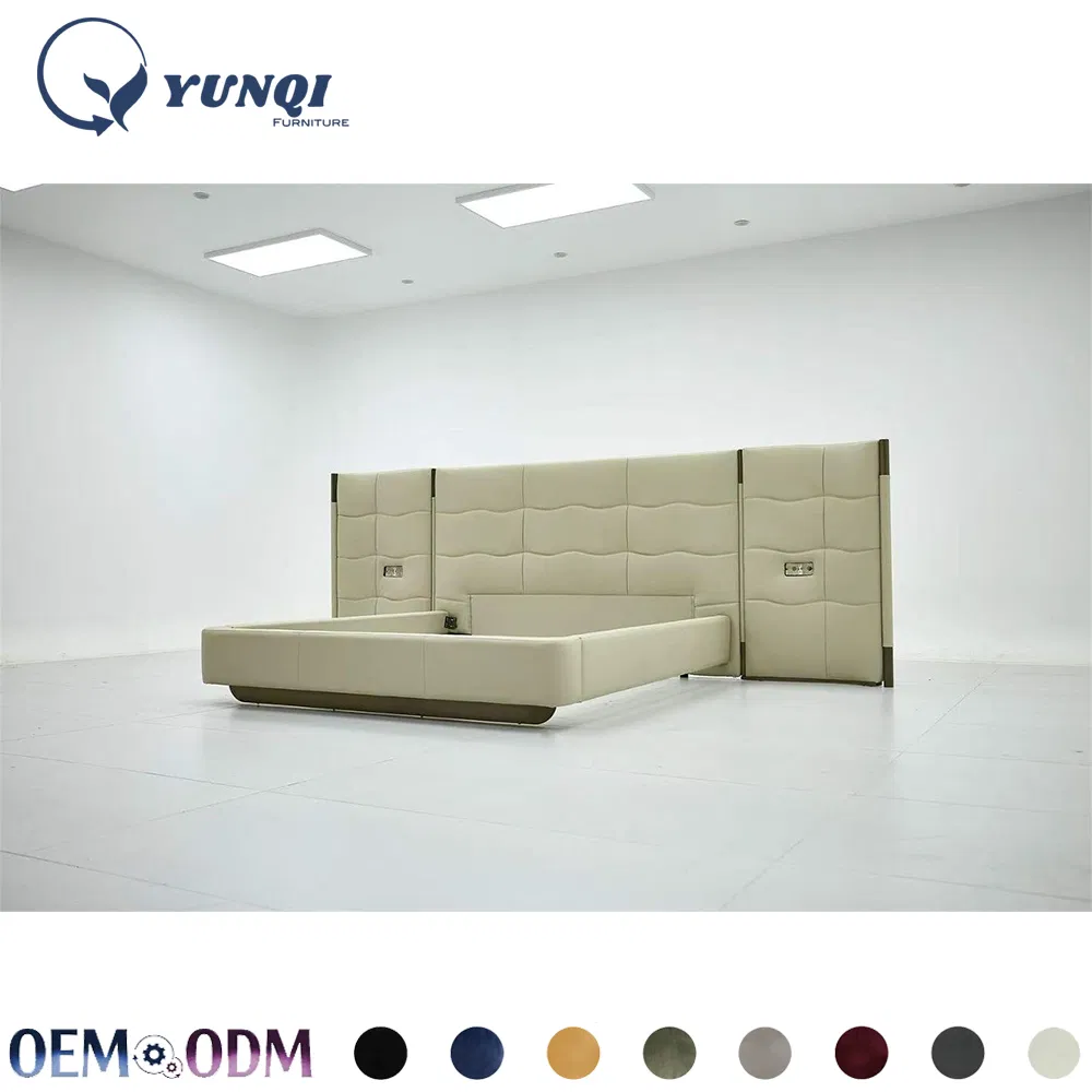 Conjunto de dormitorio de cama king size de lujo, cabecero alto y ancho, camas suaves con tapicería, camas de cuero modernas en blanco