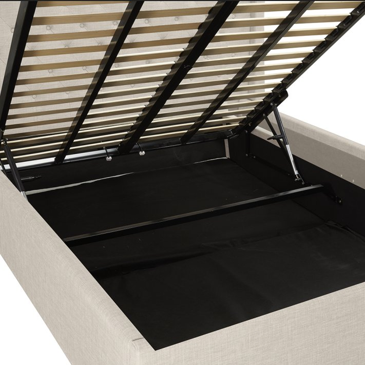 Estructura de cama plataforma tapizada con elevación de gas y cabecera con botones y almacenamiento