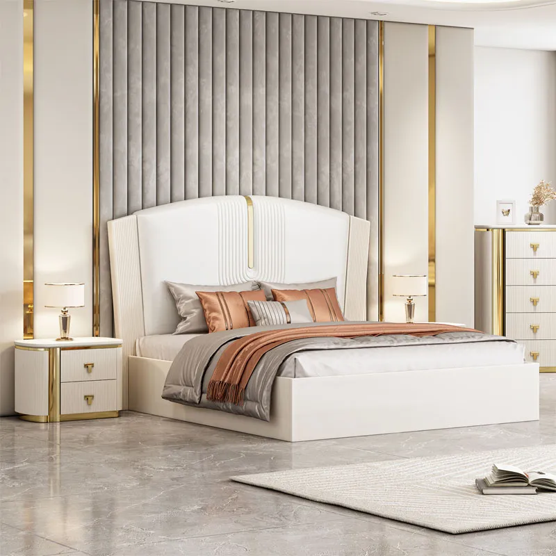 Cama king size de madera moderna de lujo al por mayor de China para habitaciones de hotel contemporáneas, muebles de dormitorio de madera para el hogar en Foshan