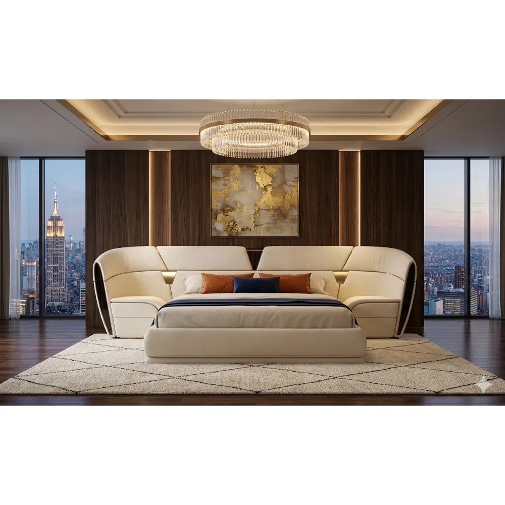 Cama moderna XL king tapizada en cuero de lujo con mesa lateral