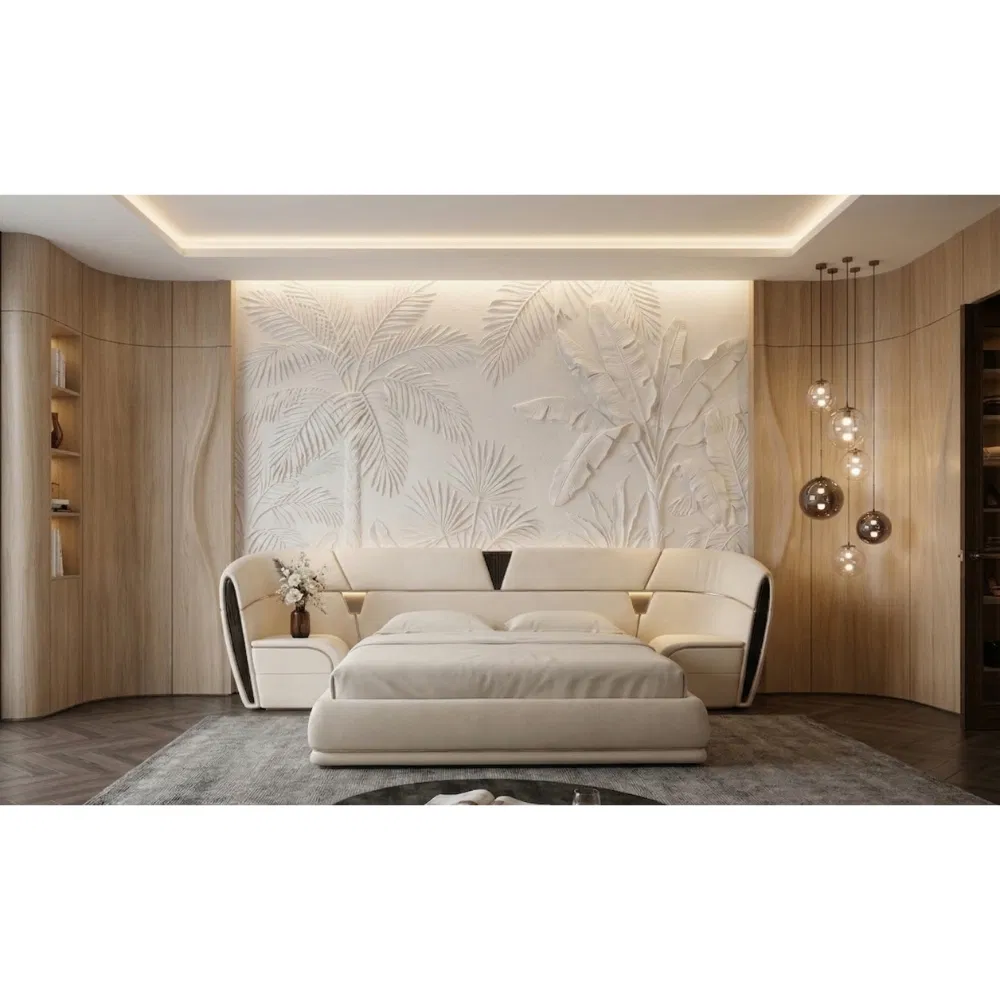 Cama moderna XL king tapizada en cuero de lujo con mesa lateral