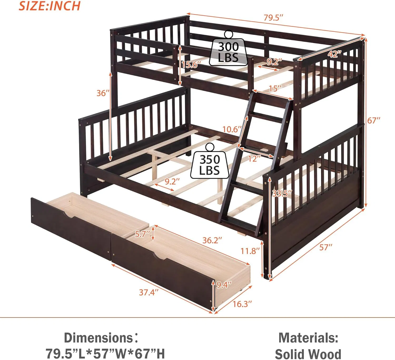 Cama litera mayor con cama individual sobre cama matrimonial con 2 cajones de madera maciza estándar para niños, adultos y estudiantes universitarios