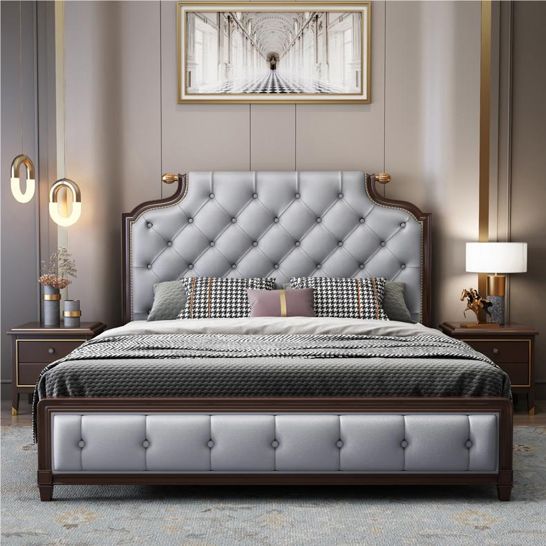 Casa de lujo moderna, dormitorio de hotel, cama doble de tamaño king, tapizada en tela, cuero genuino, con almacenamiento de madera