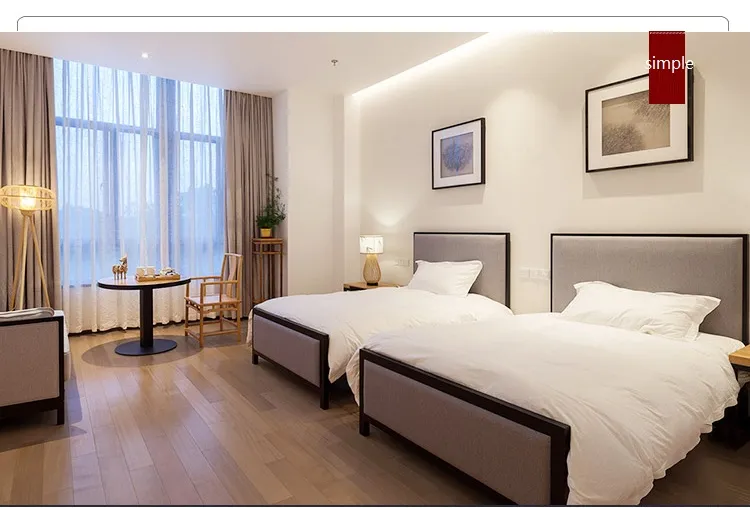 Mueble de hotel de madera tamaño king size, diseño de interiores, cama doble de madera y cuero