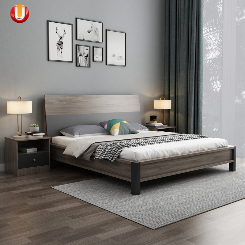 Habitación completamente amueblada, cama estándar blanca, plataforma doble elegante, cama funcional de cuero, marco de cama de belleza