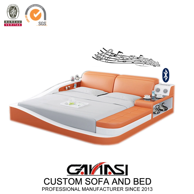 Conjunto de muebles de dormitorio LED inteligente, camas de cuero modernas tamaño king