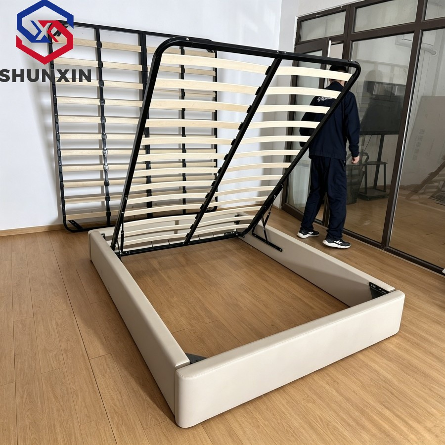 Cama moderna tapizada y elegante con almacenamiento de elevación a gas