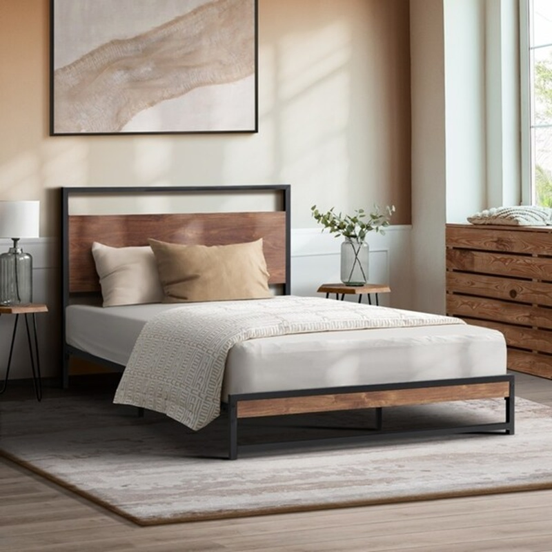 Solución de instalación fácil para el dormitorio, cama de plataforma de acero, cama de hierro con cabecera, cama de tamaño king, queen y full, marco de cama de metal
