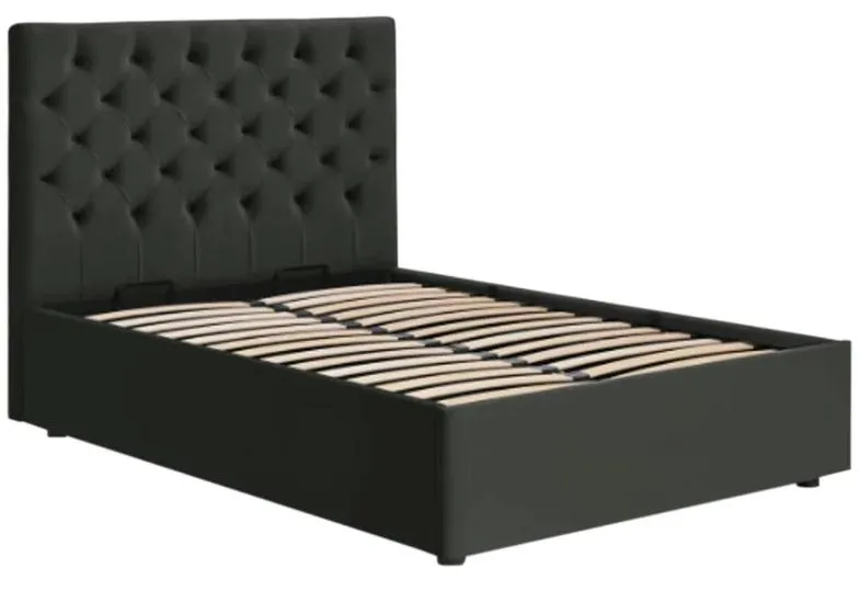 Estructura de cama plataforma tapizada con elevación de gas y cabecera con botones y almacenamiento