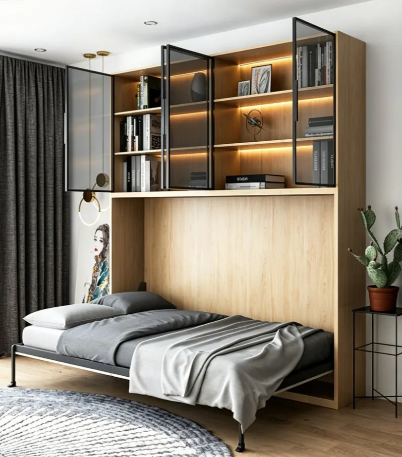 Armario de cama abatible de madera maciza tradicional con estantes de almacenamiento y mecanismo de seguridad