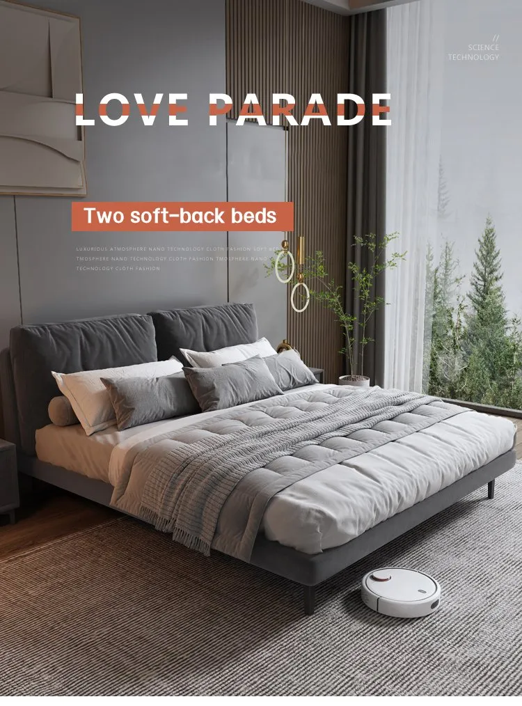 Cama doble moderna simple, dormitorio principal, cama grande, lujo ligero francés italiano 1.8-Meter apartamento pequeño, cama de boda de madera maciza y tela