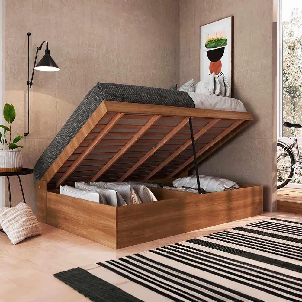 Cama doble de madera con almacenamiento en la parte superior del hogar dormitorio