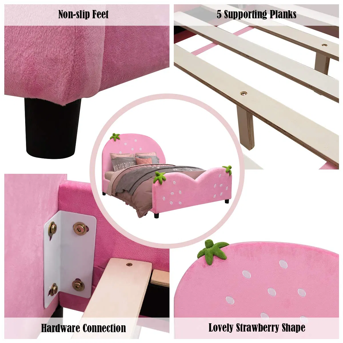 Camas gemelas de princesa para niños, cama de plataforma de metal tapizada con soporte de listones