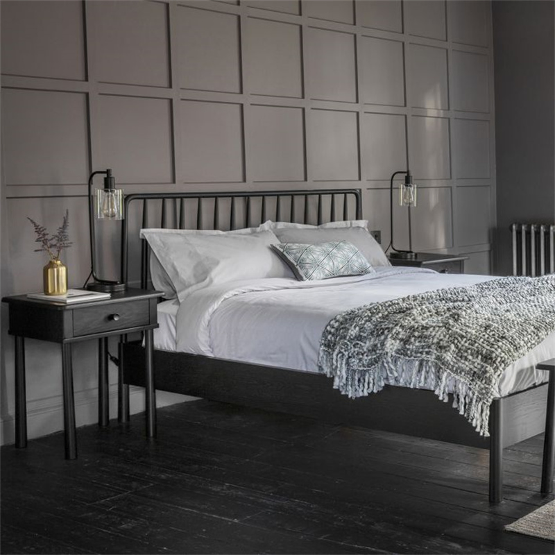 Nueva llegada estilo nórdico moderno contemporáneo cama individual doble rey reina tamaño pintura negra dormitorio fábrica fabricante cabecero de espiga de roble cama de madera