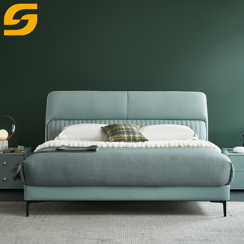 Casa moderna Cuero Cama Muebles conjunto Marco de madera King Size Dormitorio cama
